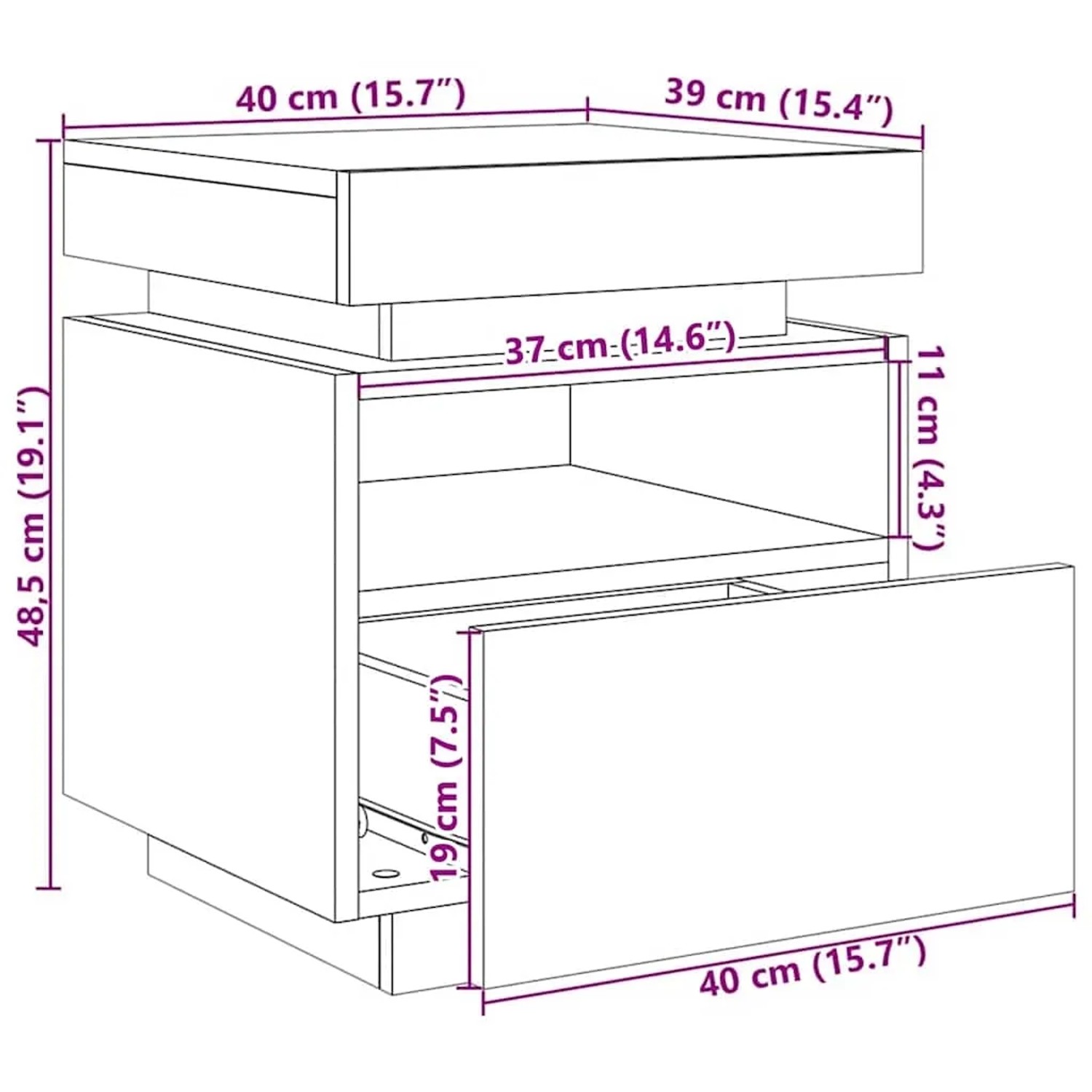 vidaXL Nachttisch in Schwarz Eiche Optik, 40x39x48,5cm mit Schublade und Regal.