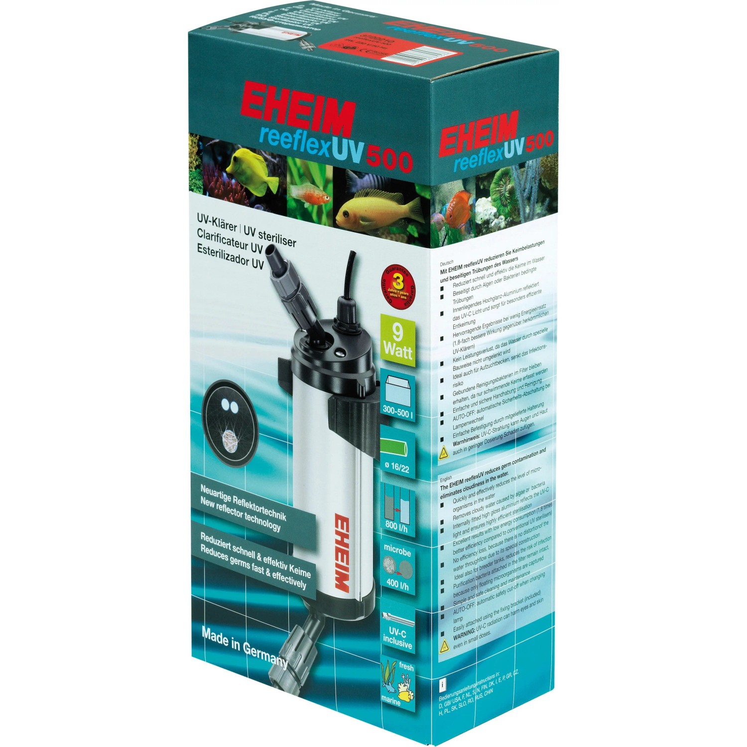 Eheim UV-Klärer 9W reeflexUV 500 im Karton. UVC-Gerät zur Reduzierung von Keimen und Trübungen im Aquarium.