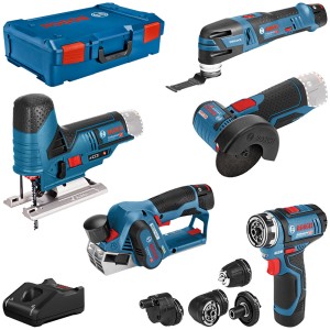 Bosch Professional 12V Akku-Geräte Set mit Stichsäge, Hobel, Bohrschrauber, Winkelschleifer, Multi-Cutter und Zubehör.