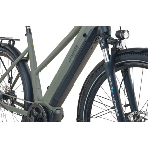 Prophete Trekking E-Bike Entdecker 4.0, moosgrau-schwarz matt, mit Mittelmotor und integriertem Akku.