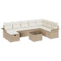 Beiges 9-teiliges vidaXL Garten-Sofa-Set aus Poly Rattan mit Kissen und Stauraum.