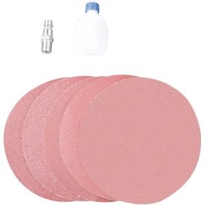 Scheppach Druckluftschleifer Set mit Schleifpapier, Ölflasche und Anschlussstück.