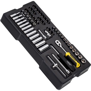 Stanley Steckschlüssel-Set, 60-teilig, mit Knarre, Bits und Verlängerungen im schwarzen Kasten.