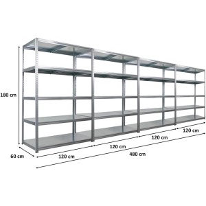 PROREGAL Mega Deal: 4 verzinkte Schwerlastregale, 180x120x60cm, je 5 Böden mit 130kg Fachlast.