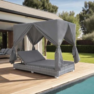 Graues Outdoor-Lounge-Bett mit Vorhängen aus Polyrattan von vidaXL. Bequeme Gartenliege mit Sonnenschutz.