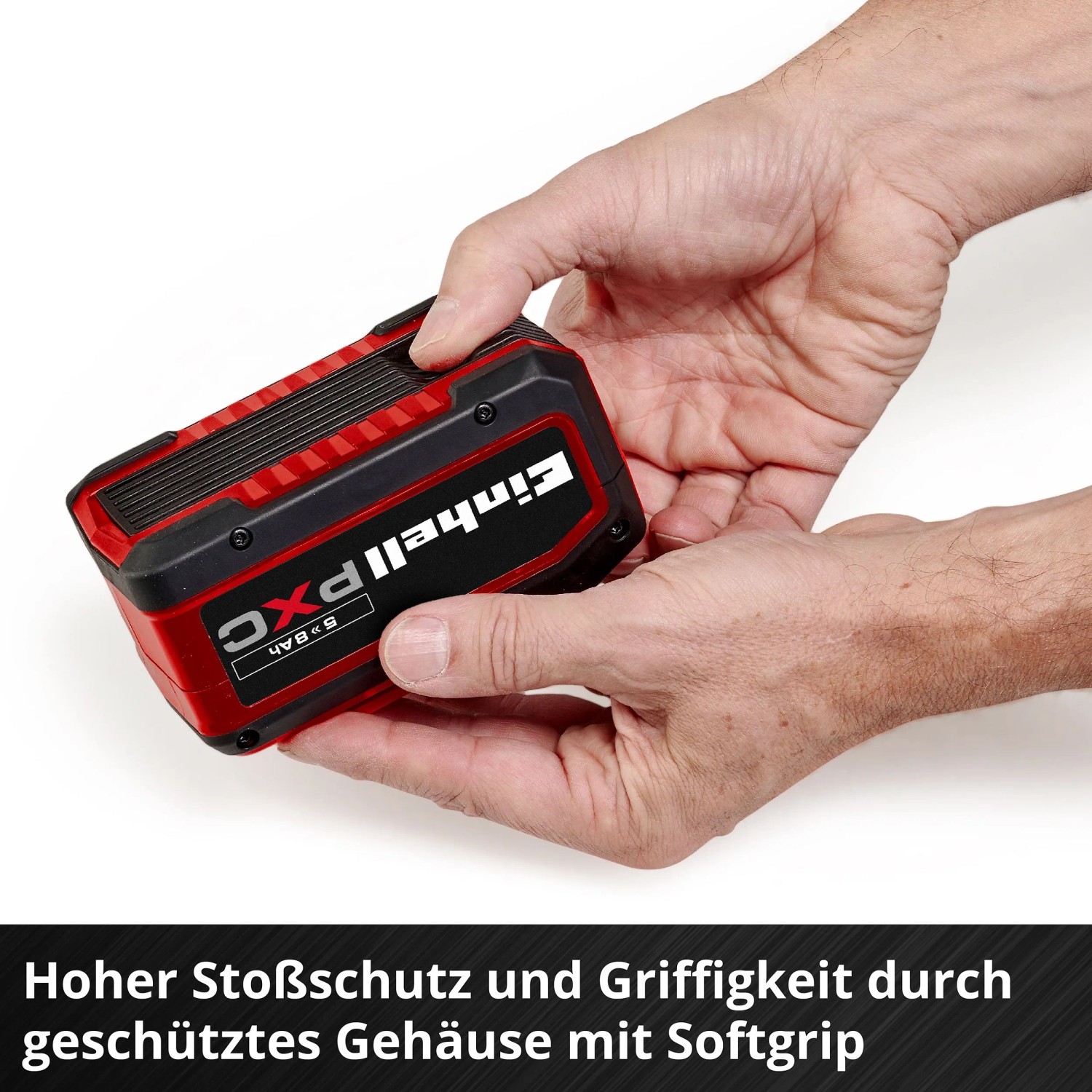 Einhell Akku 18V 5-8Ah PXC Plus für Elektrowerkzeuge, rot-schwarz, mit Softgrip-Gehäuse.