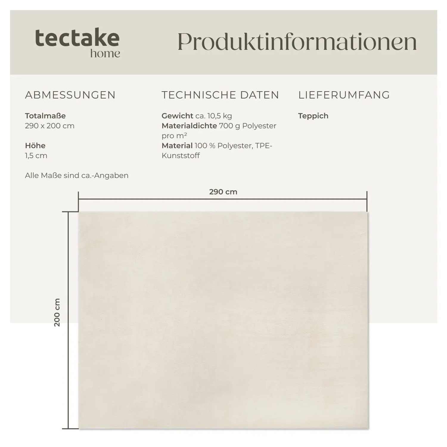 Tectake Kurzflorteppich Soft Zone Verschiedene Größen und Farben Flauschige Oberfläche  1630 G M² Florgewicht 200 x 290 cm 200 x 290 x 1 50 cm Creme_6
