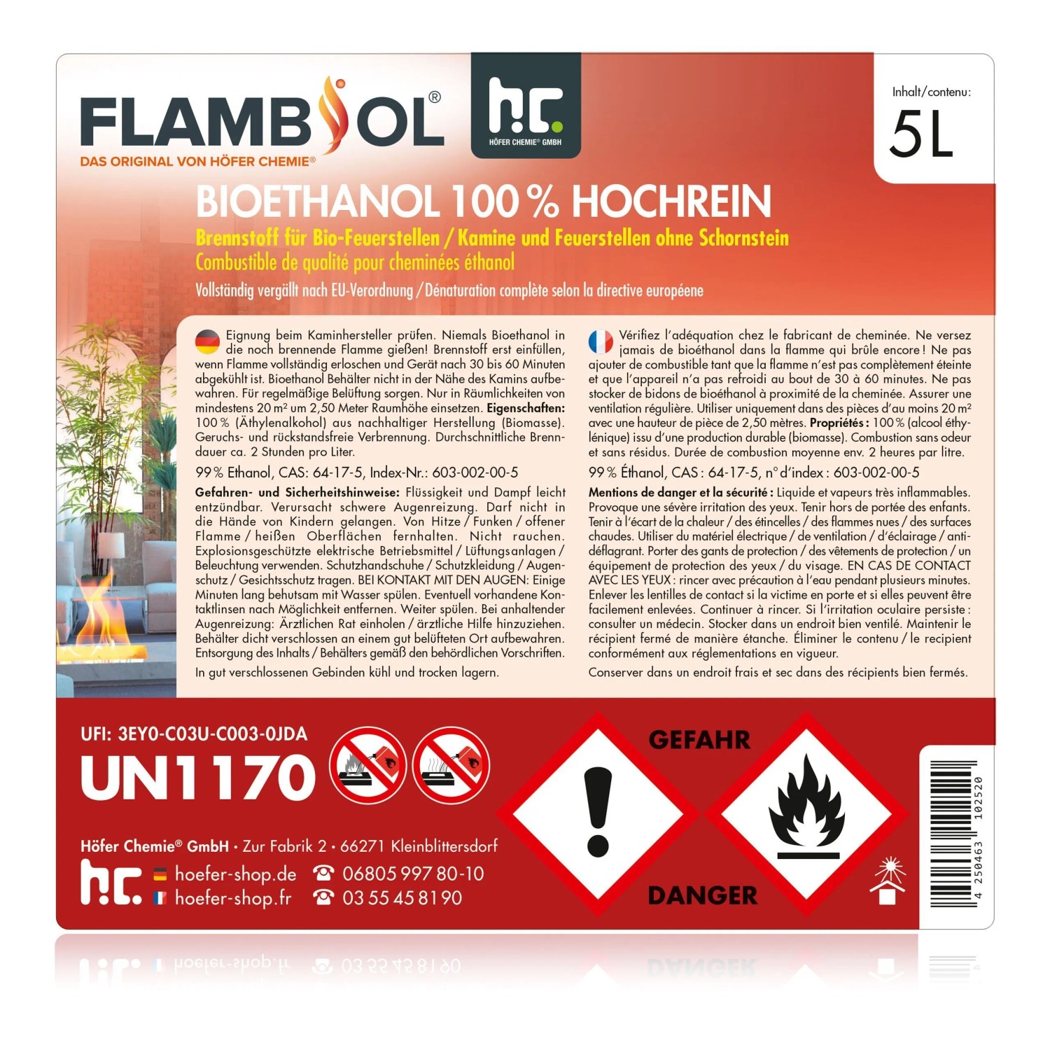 Kanister Flambiol Bioethanol 100% Hochrein, 8 x 5l, für Kamine & Feuerstellen.