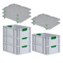 PROREGAL Spar Set: 5 graue Euroboxen mit grünen Griffen, inkl. Auflagedeckel und Schiebeschnappverschlüssen.