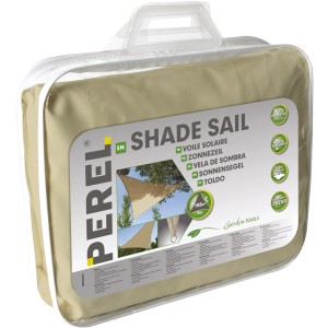 Verpacktes, wasserdurchlässiges Perel Dreieck-Sonnensegel, 500x500 cm, in Creme. Ideal für Garten & Terrasse.