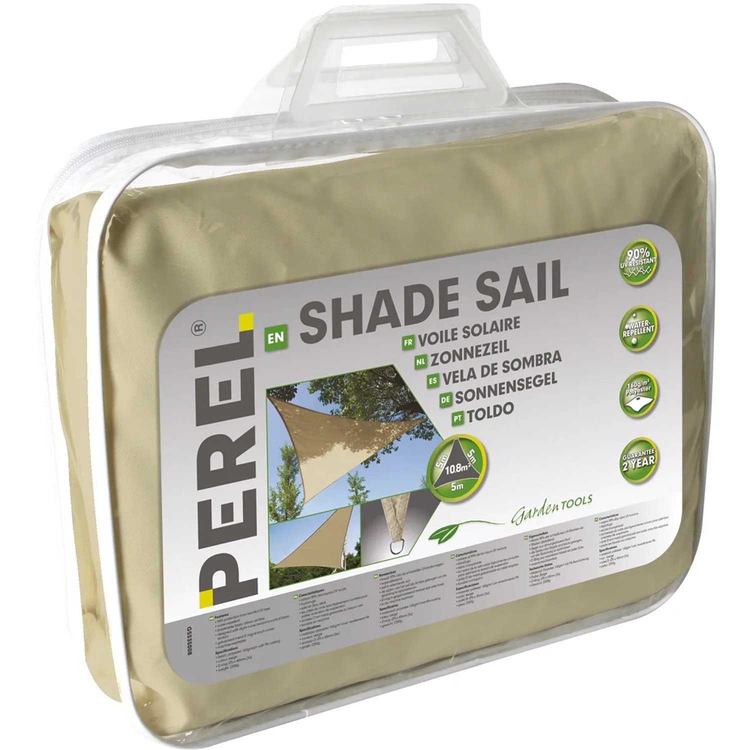 Verpacktes, wasserdurchlässiges Perel Dreieck-Sonnensegel, 500x500 cm, in Creme. Ideal für Garten & Terrasse.