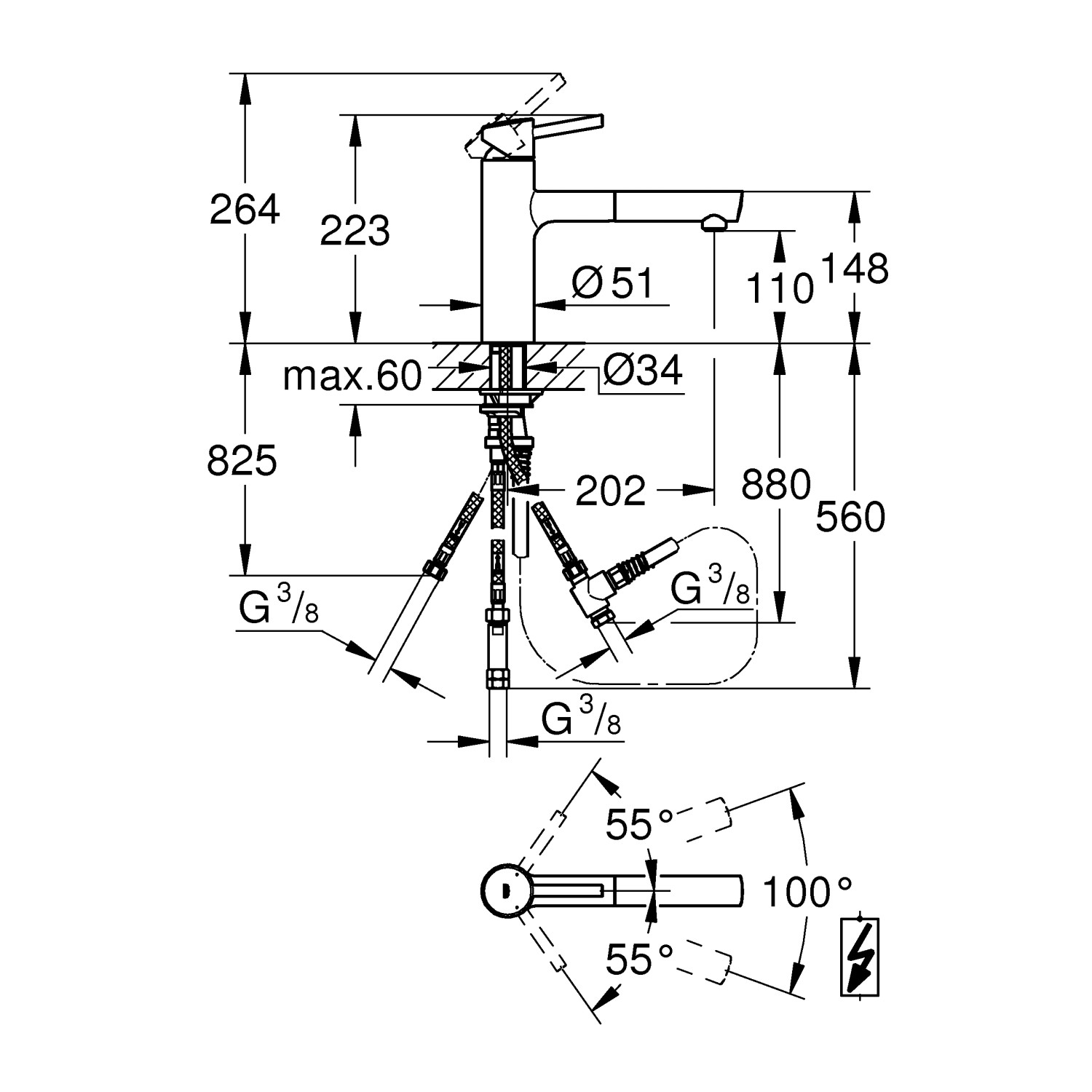 Technische Zeichnung: Grohe Concetto Spültischbatterie mit Maßen und Details zur Installation.