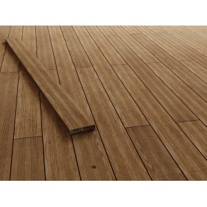 Braune Terrassendielen aus Nadelholz, druckimprägniert, geriffelte Oberfläche.