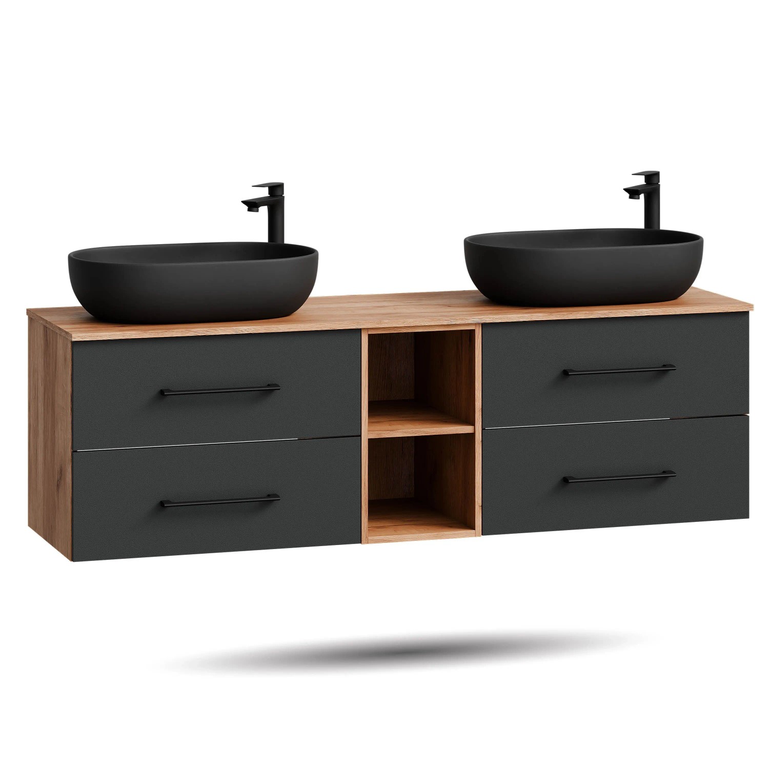 Planetmöbel LUX Doppelwaschtisch 170 cm mit 2 Aufsatzwaschbecken 60 cm Schwarz Regal Soft Close