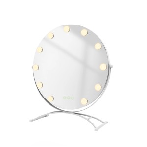 Weißer Emke Hollywood Kosmetikspiegel mit runder Spiegelfläche und Beleuchtung.