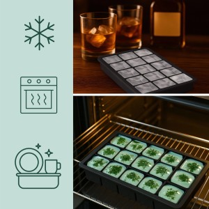 Schwarze Silikon Eiswürfelform (15 Fächer) für Eiswürfel, Kräuter, Backen. BPA-frei, spülmaschinenfest. Küchenausstattung.
