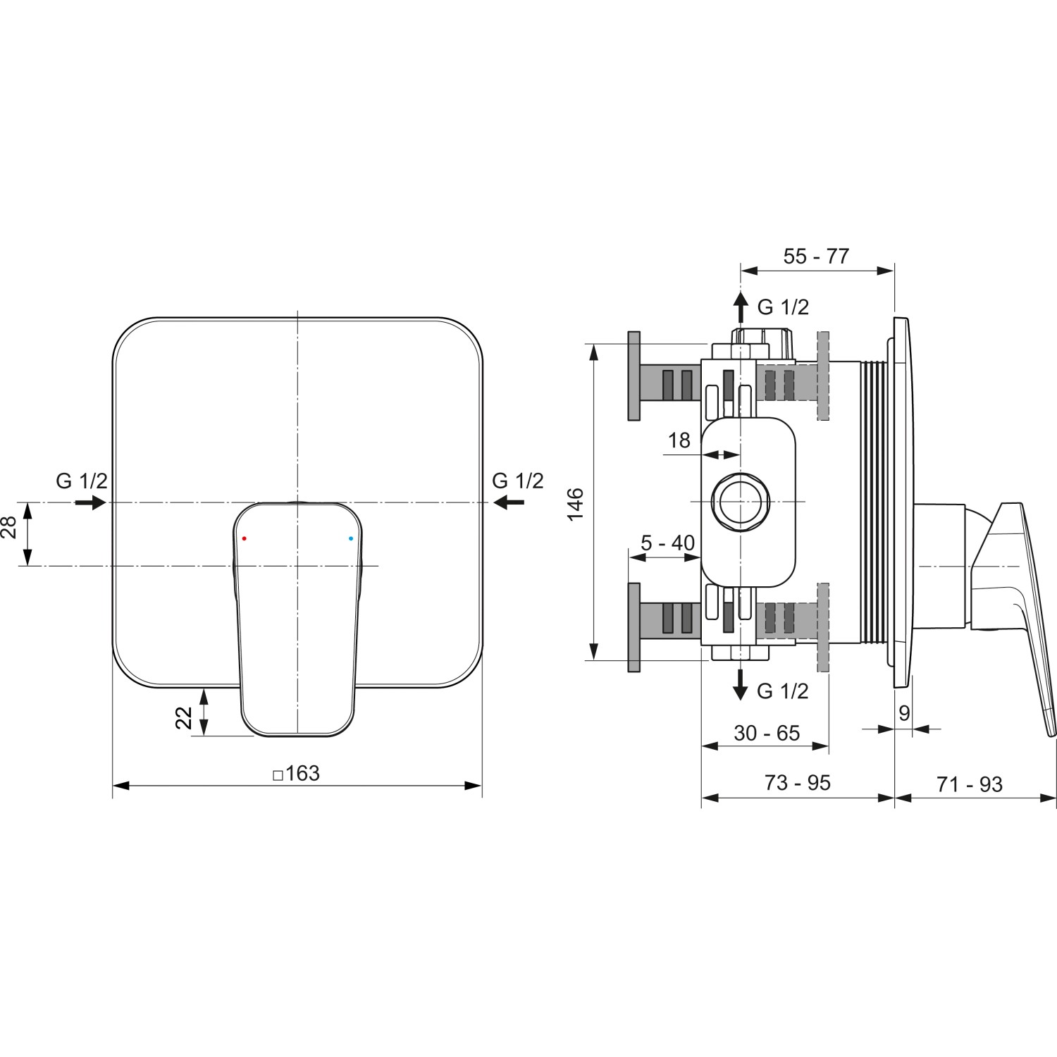 Technische Zeichnung: Ideal Standard Ceraplan Unterputz Duscharmatur, Maße und Anschlüsse dargestellt.