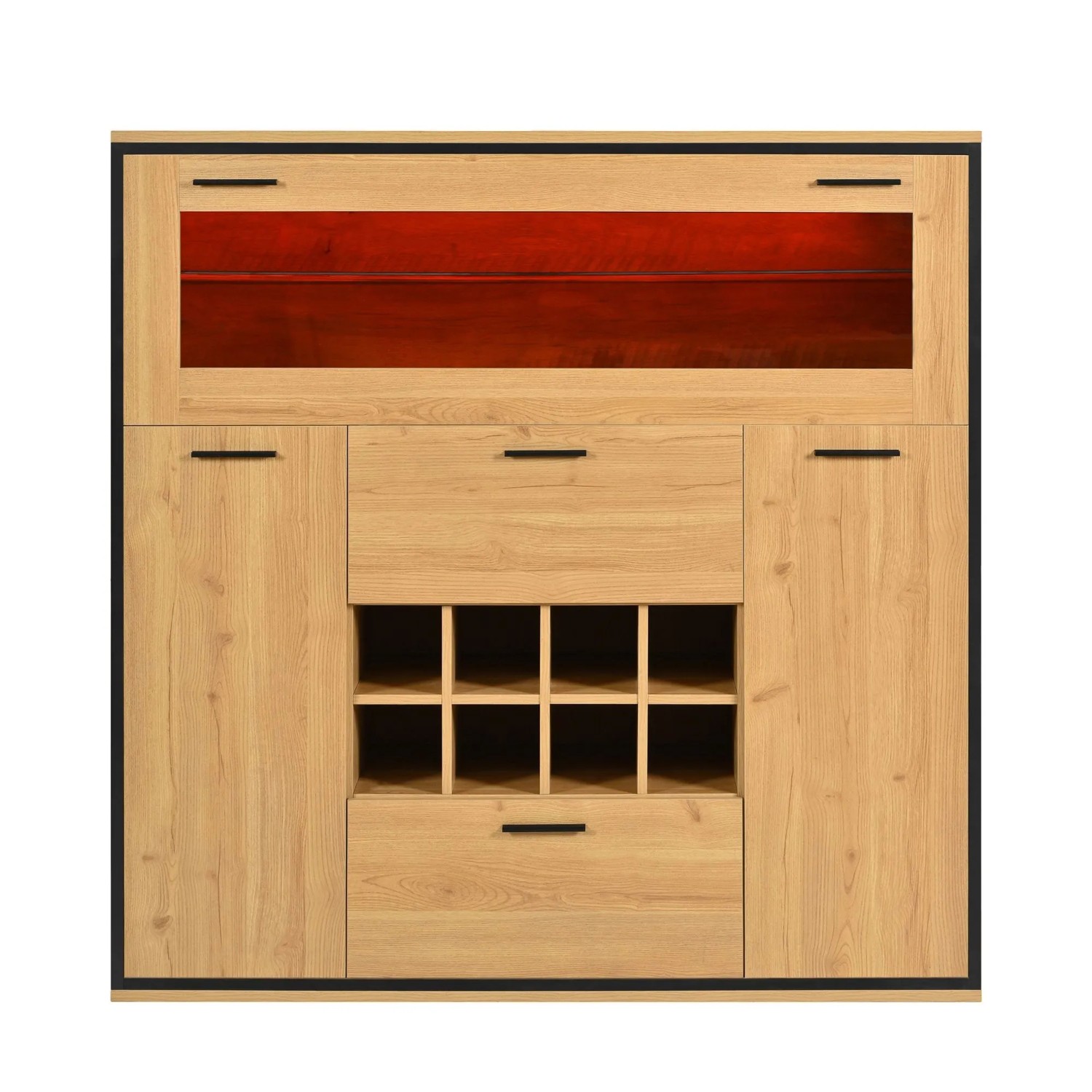 okwish Sideboard mit Weinschrank Doppeltüren Glasregal Weinhalterung 110x38x111cm Natur