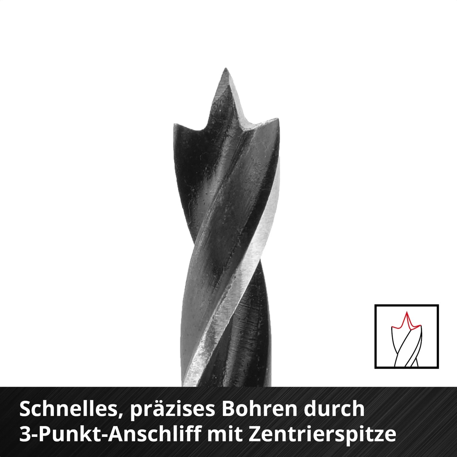 Detailaufnahme Einhell Holzspiralbohrer mit Zentrierspitze, geeignet für Bohrersets.