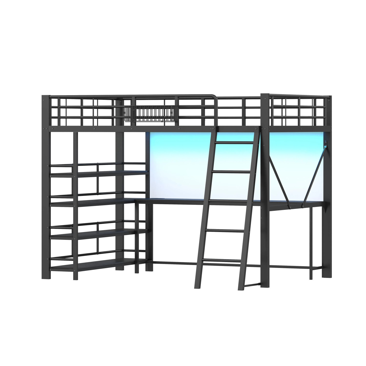 Merax Metall Hochbett 140x200 cm Mit Schreibtisch Aufbewahrungskorb Staufächern USB LED Schwarz