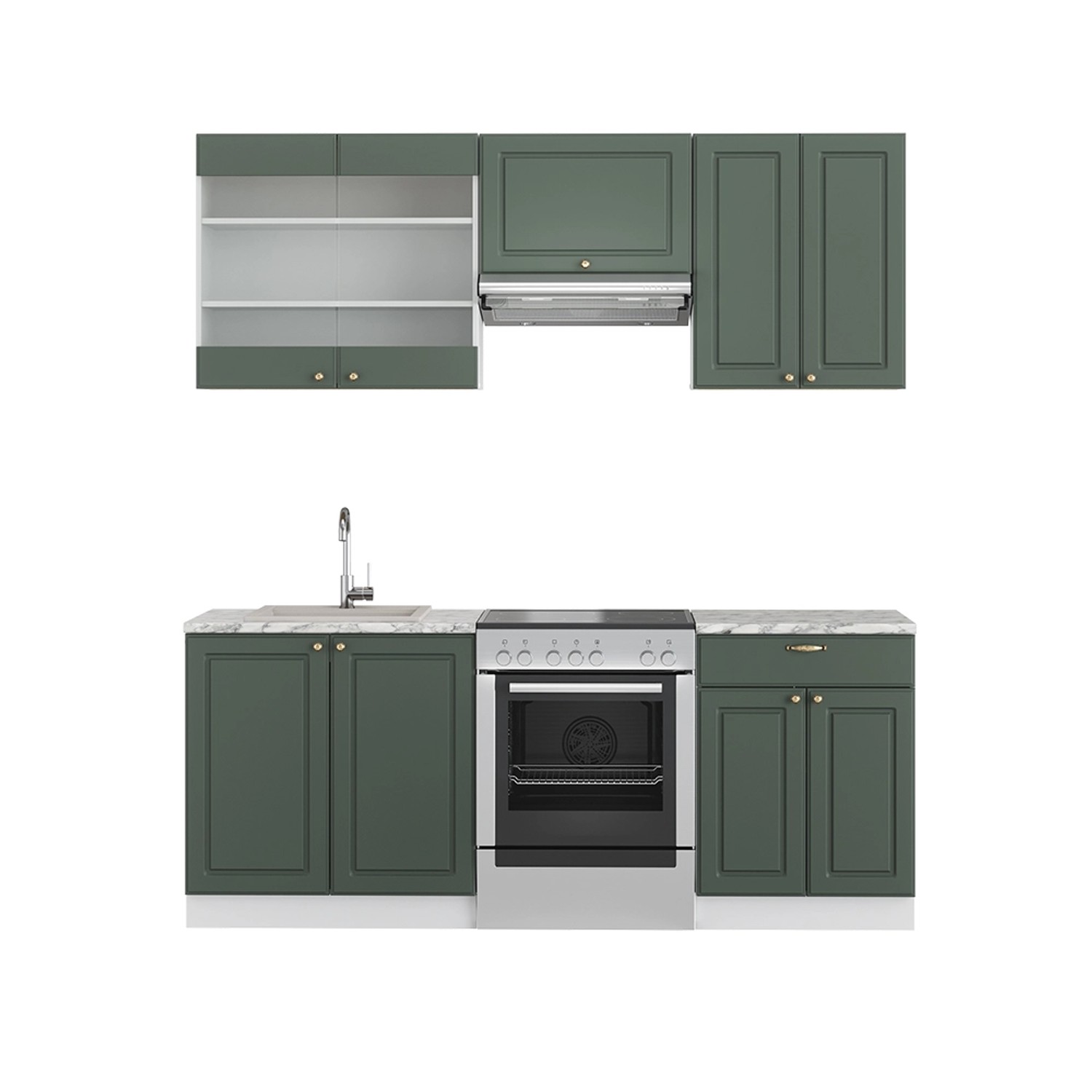 Vicco Fame-Line Küchenzeile Grün-Gold Landhaus/Weiß 200 cm AP Marmor günstig online kaufen