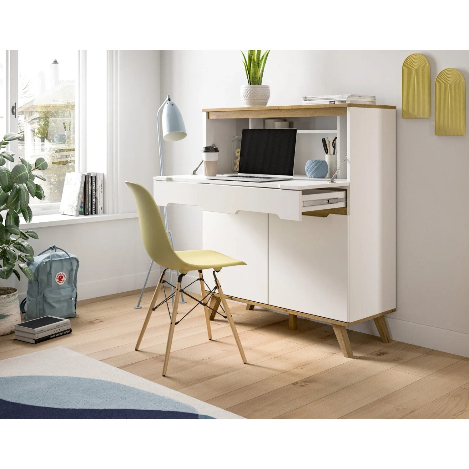Inn.Furn Sekretär Hygge weiß/Eiche, 100 cm, skandinavisches Design, offene Klappe mit Laptop, Stauraum.
