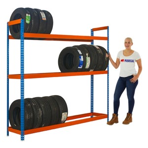 PROREGAL Reifenregal Big Metal Shark mit 3 Ebenen, blau/orange, für 21 Reifen. Ideal für Werkstatt und Garage.