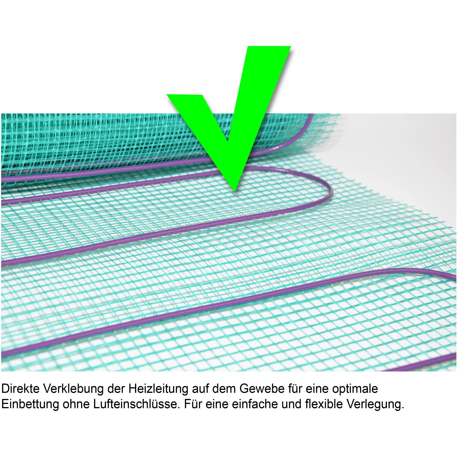 Perobe elektrische Fußbodenheizung, 10 m², Heizmatte mit grünen Gitter und lila Heizkabel.