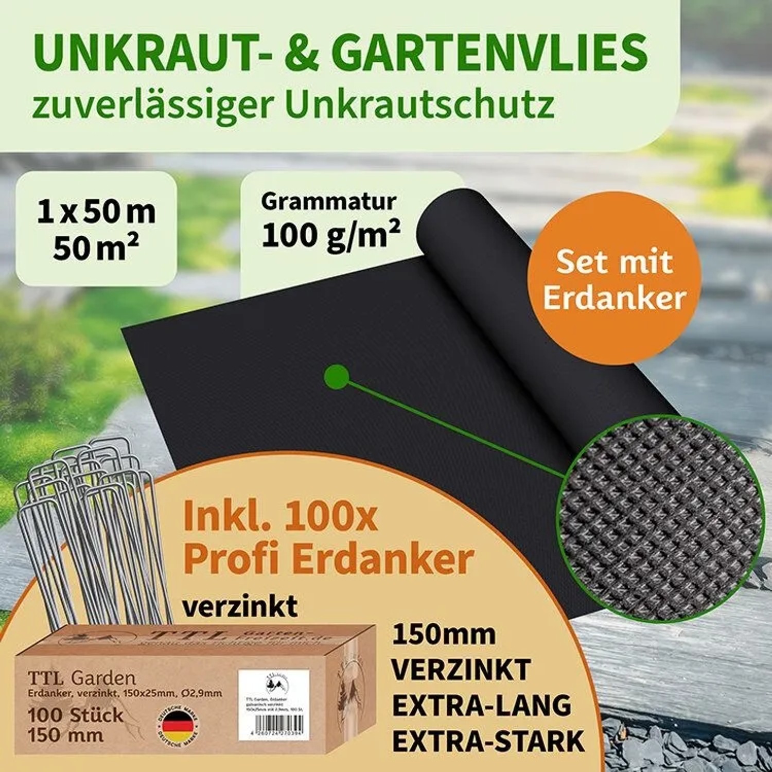 TTL GARDEN Unkrautvlies 100g/m² 1x50m 50m² Rolle Schwarz Inkl. 100 Erdanker 150mm Schwarz Gartenvlies Mulchvlies UV-stabil_2
