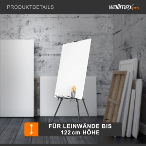 Schwarze Aluminium-Feldstaffelei mit weißer Leinwand und Pinseln. Höhenverstellbar für Leinwände bis 122 cm.