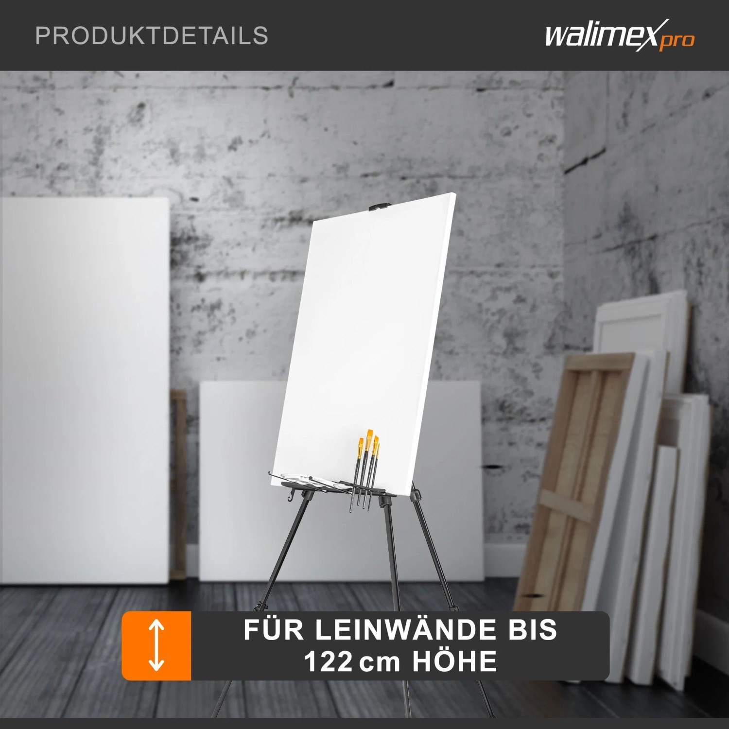 Schwarze Aluminium-Feldstaffelei mit weißer Leinwand und Pinseln. Höhenverstellbar für Leinwände bis 122 cm.