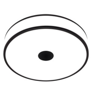 Moderne Briloner LED-Deckenleuchte Block mit schwarzen Ringen, neutralweißes Licht, Durchmesser 38 cm.