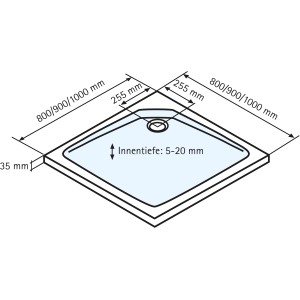 Technische Zeichnung: Schulte Duschwannen-Set Extraflach Quadrat 100x100 cm, Maße und Details.