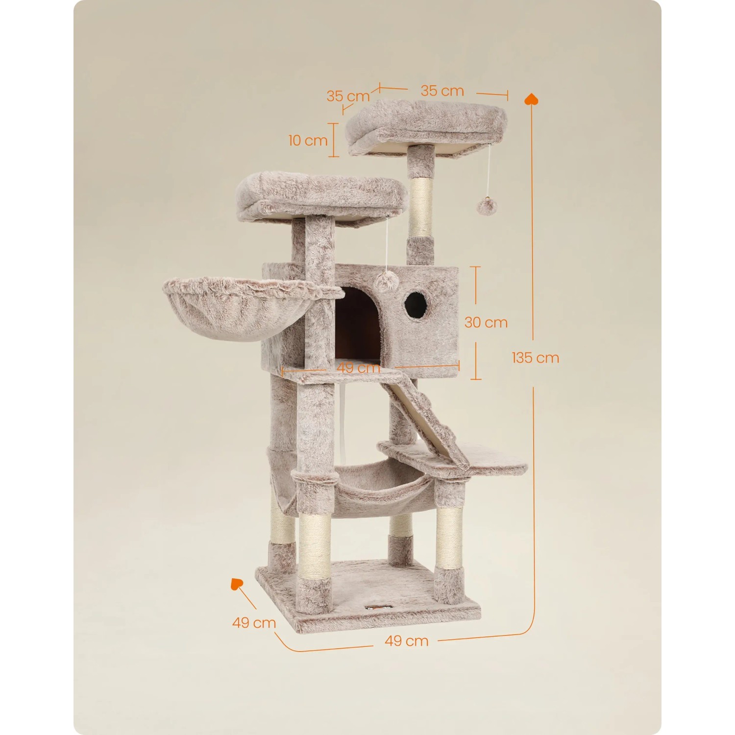 Feandrea Kratzbaum, 135 cm, braun-weiß, mit Liegemulde, Höhle, Treppe und mehreren Ebenen.