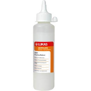 Flasche Lukas Acryl Pouring Medium, 250ml, für fließende Acrylfarben-Effekte.