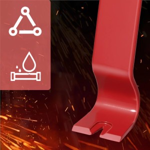 Detailansicht eines roten Brecheisens aus Stahl mit Nagelzieher-Klaue. Robustes Handwerkzeug für Baustelle & Werkstatt.