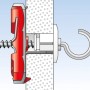 Illustration: Fischer Duotec Kippdübel 12, rot/weiß, in Gipskartonwand mit Schraube und Haken.
