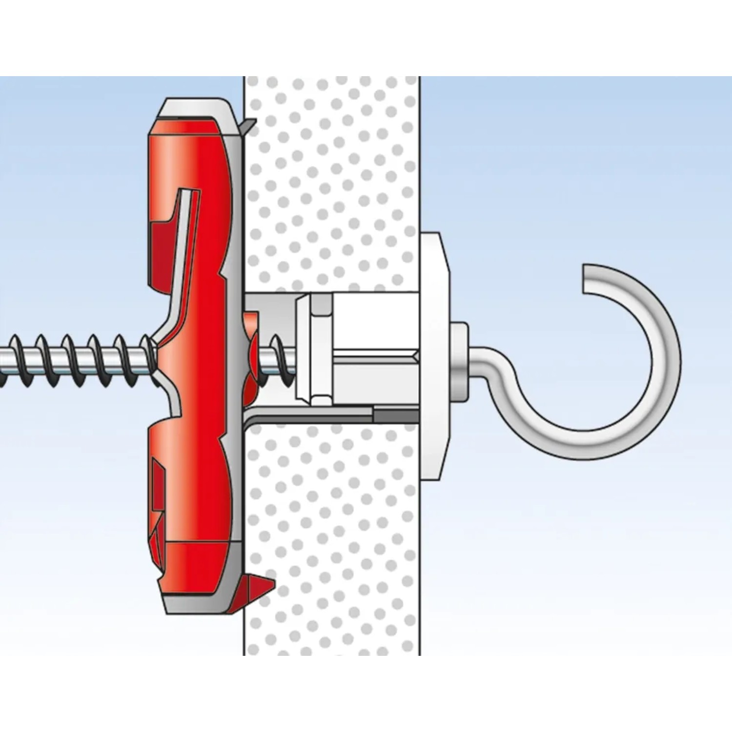 Illustration: Fischer Duotec Kippdübel 12, rot/weiß, in Gipskartonwand mit Schraube und Haken.