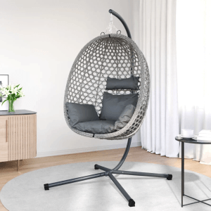 Grauer vidaXL Hänge-Eierstuhl mit Korb und Gestell aus Polyrattan für Balkon und Garten.