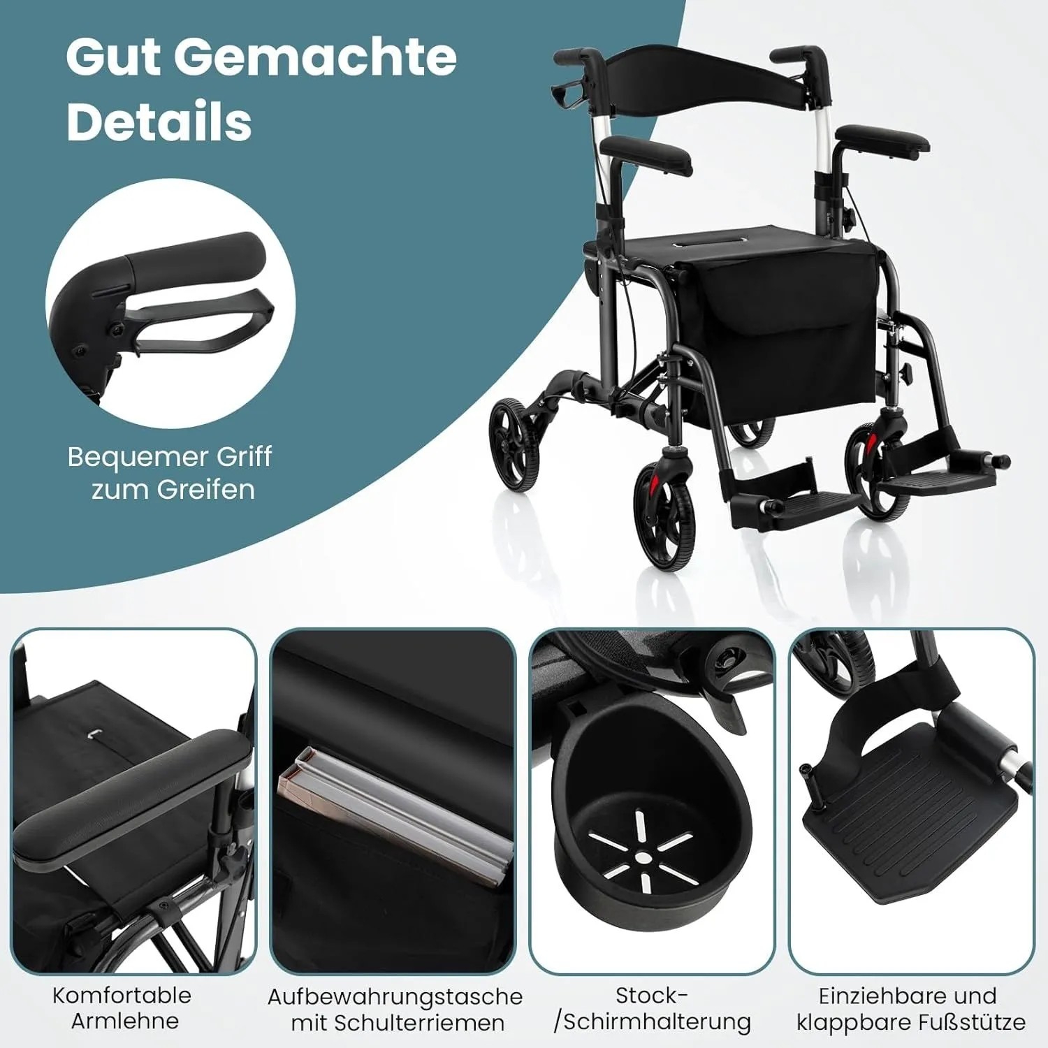 Costway Rollator, faltbar und leicht, mit Details wie Griff, Tasche und Fußstütze.