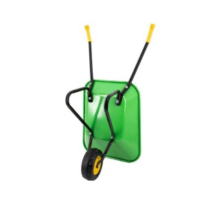 Grüne Galaflor Kinderschubkarre aus Metall mit gelben Griffen und schwarzem Rahmen.