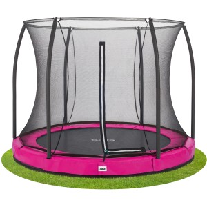 Pinkes Salta Comfort Edition Bodentrampolin ø 213 cm mit Sicherheitsnetz im Garten.