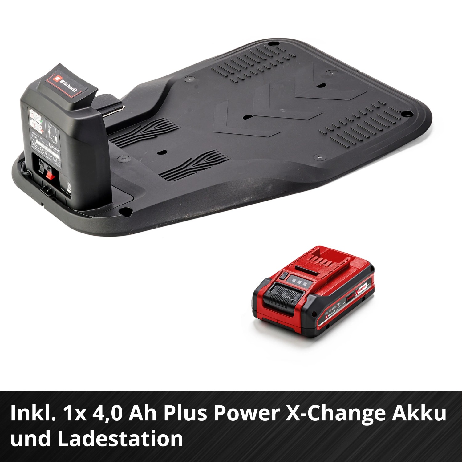 Einhell Mähroboter Freelexo Cam Plus: Ladestation und 4,0 Ah Akku der Power X-Change Familie.