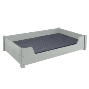 Graues Erst-Holz Haustierbett 100x60cm aus Kiefer mit Rollrost, Polster und Matratze.