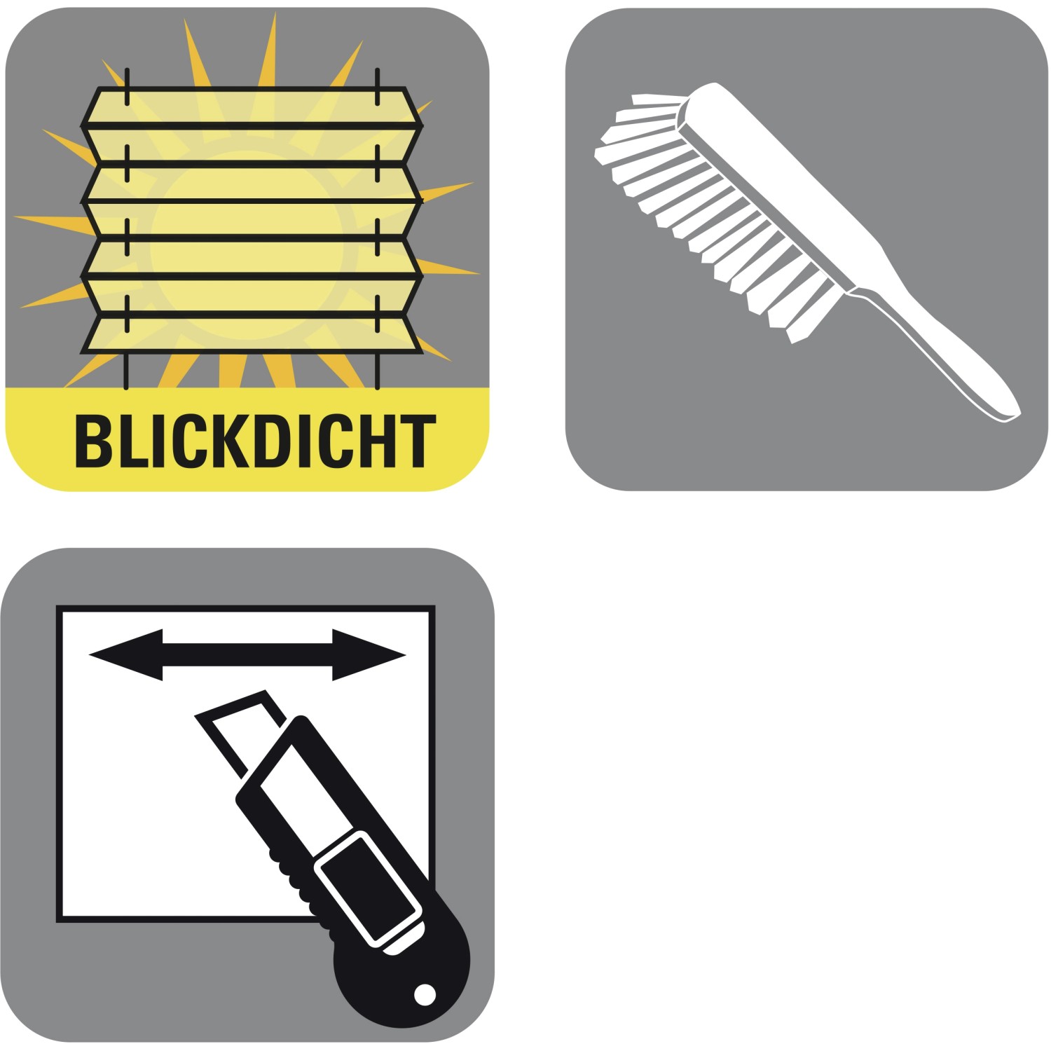 Symbole für Plissee: blickdicht, Reinigungsbürste, kürzbar.