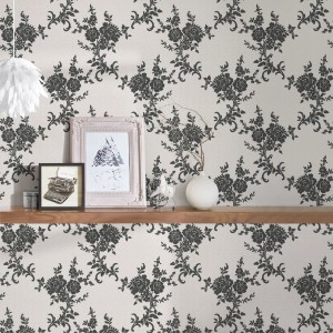 Elegante Barock Tapete in Schwarz-Weiß mit floralem Muster für Wohnzimmer.