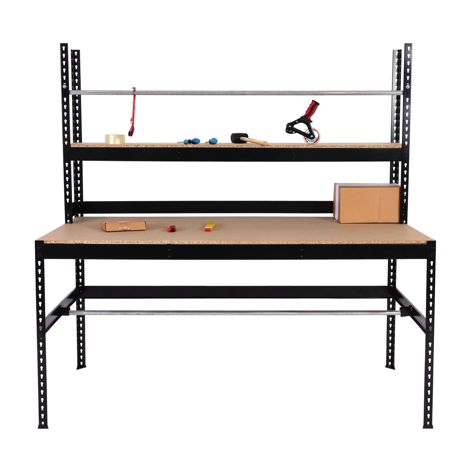 MCW Packstation J84, Stahl, 183x183x90cm, Schwarz. Wandregal mit Arbeitsfläche und Ablagen.