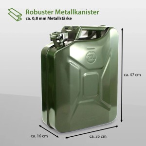 Olivgrüner 20 Liter Metall Kraftstoffkanister mit Ausgießer für Pannenhilfe.