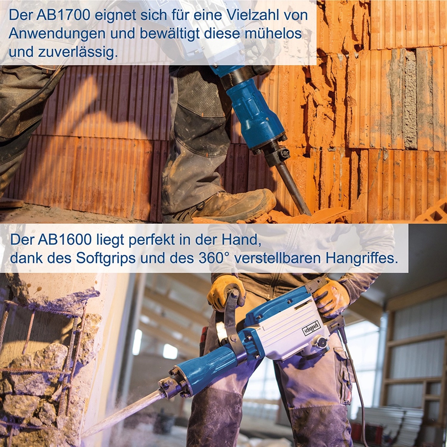 Scheppach AB1700 Abbruchhammer im Einsatz beim Stemmen von Mauerwerk und Beton.