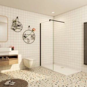 Begehbare Dusche mit schwarzem Rahmen, 110 cm breit, 8 mm Nano-Glas Duschwand.